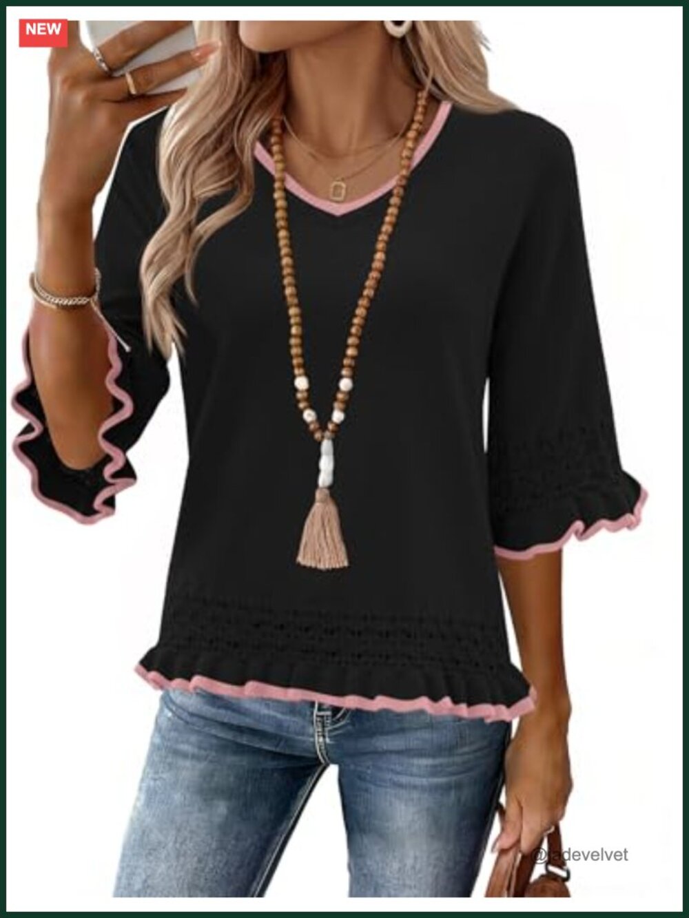 Womens 3/4 Sleeve V Neck Peplum Sweater Pullover Ruffle Sleeve
